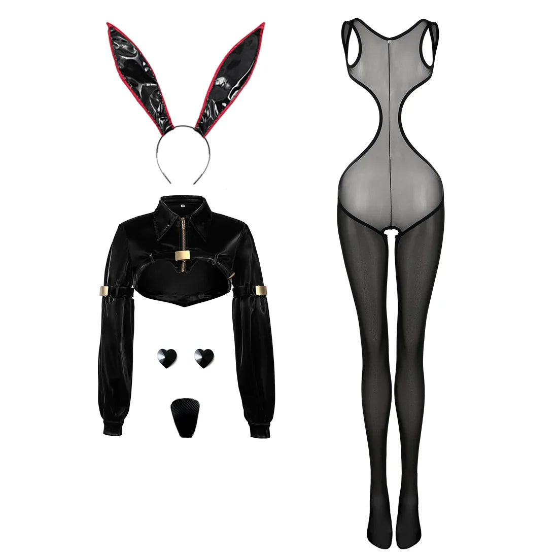Bunny Girl Sexy Cute Costume PU Jacket Sheer Stockings Cosplay Lingerie Set - Shopthatapp.ca