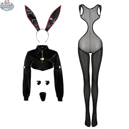 MRJCOS Bunny Girl costume featuring a sexy PU jacket, sheer stockings, and cosplay lingerie set with cute bunny details.