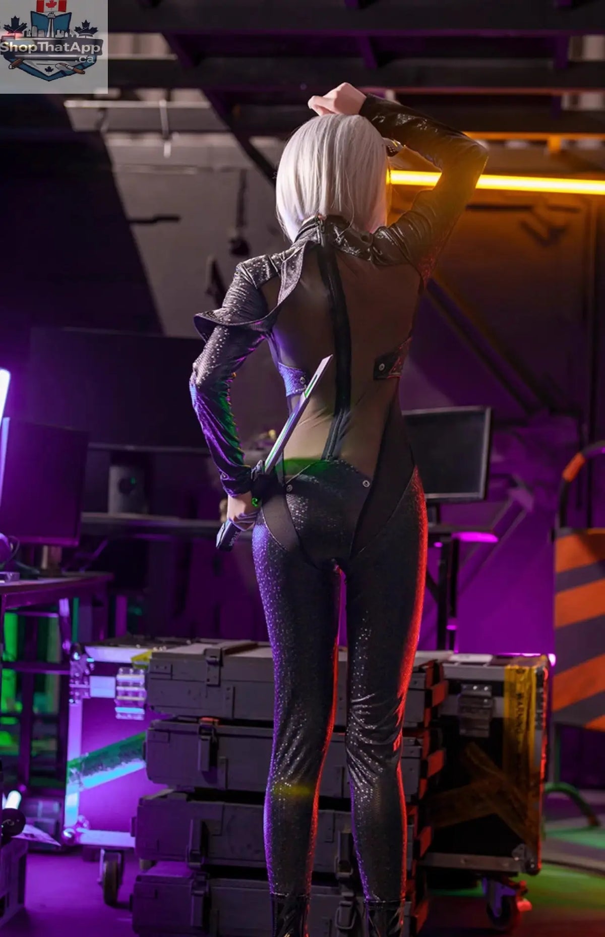 Tactical anime girl bodysuit by MRJCOS, made of PU leather and sheer mesh, featuring a full cosplay costume with detailed design.