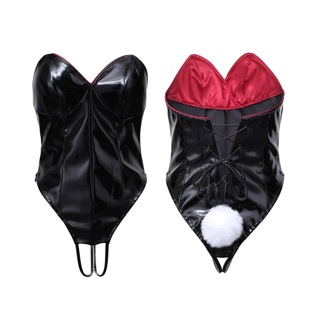 PU Leather Bound Bunny Strapless Bunny Girl Cosplay Costume Sexy Open Crotch Lingerie - Shopthatapp.ca