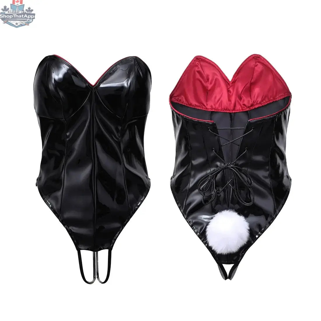 MRJCOS PU leather bunny cosplay costume featuring strapless design and open crotch lingerie, displayed on a mannequin.