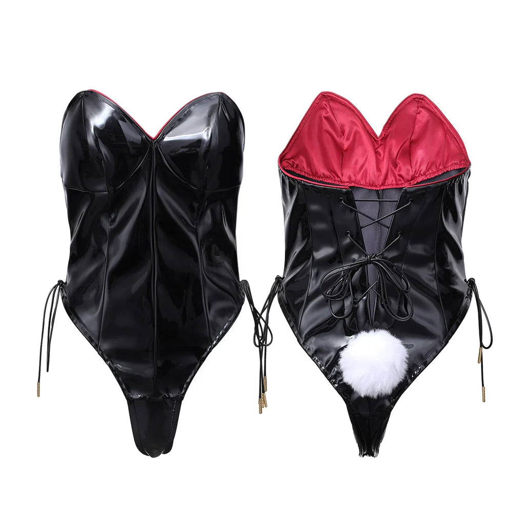 PU Leather Bound Bunny Strapless Bunny Girl Cosplay Costume Sexy Open Crotch Lingerie - Shopthatapp.ca