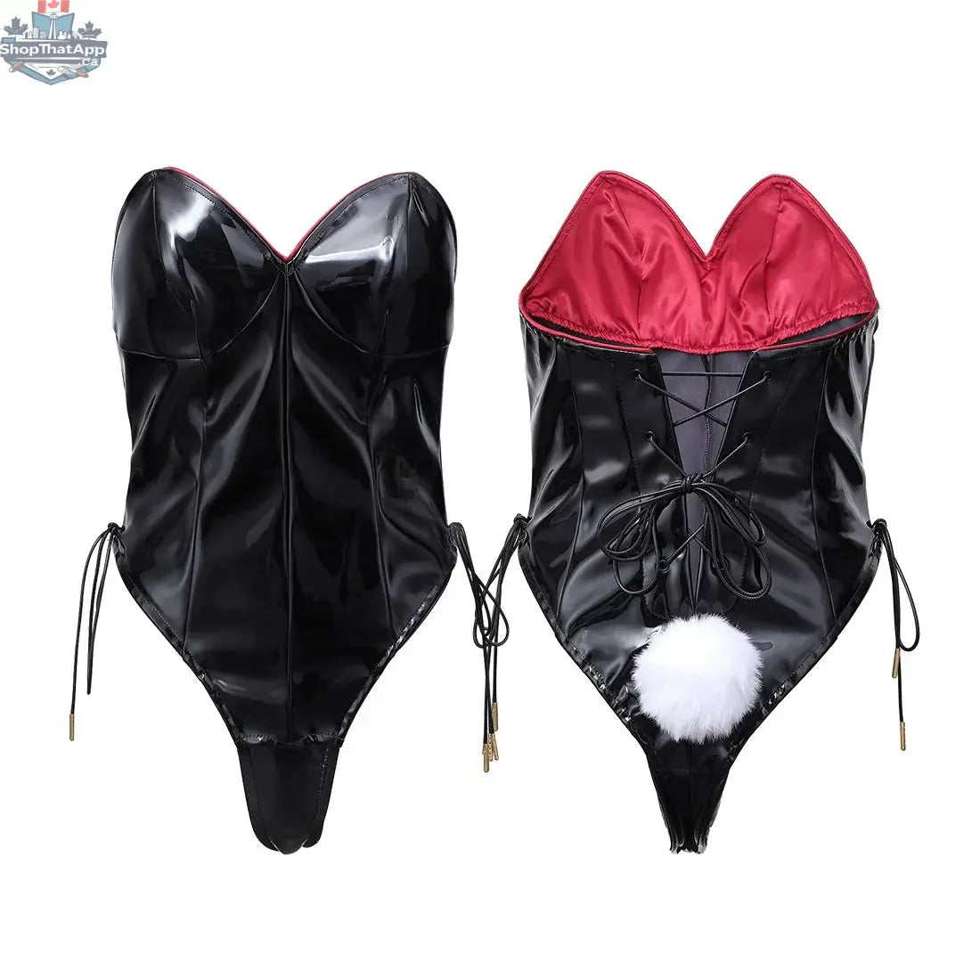 MRJCOS PU leather bunny cosplay costume featuring a strapless design and open crotch lingerie, displayed on a mannequin.