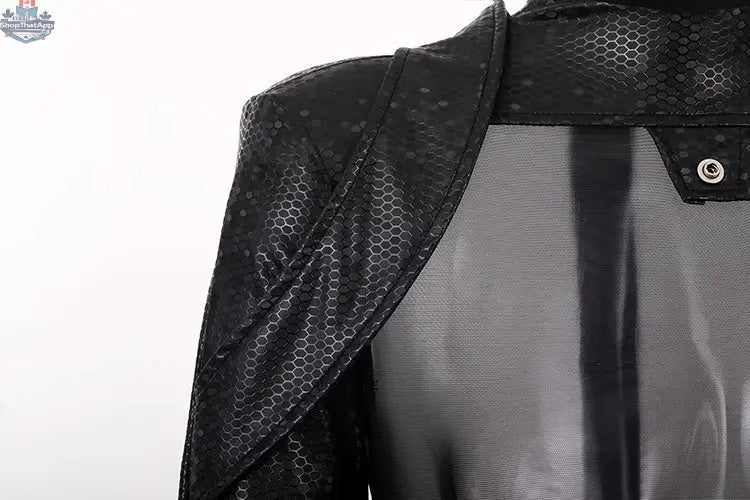 Tactical anime girl bodysuit by MRJCOS, featuring black PU leather and sheer mesh, full cosplay costume with detailed design.