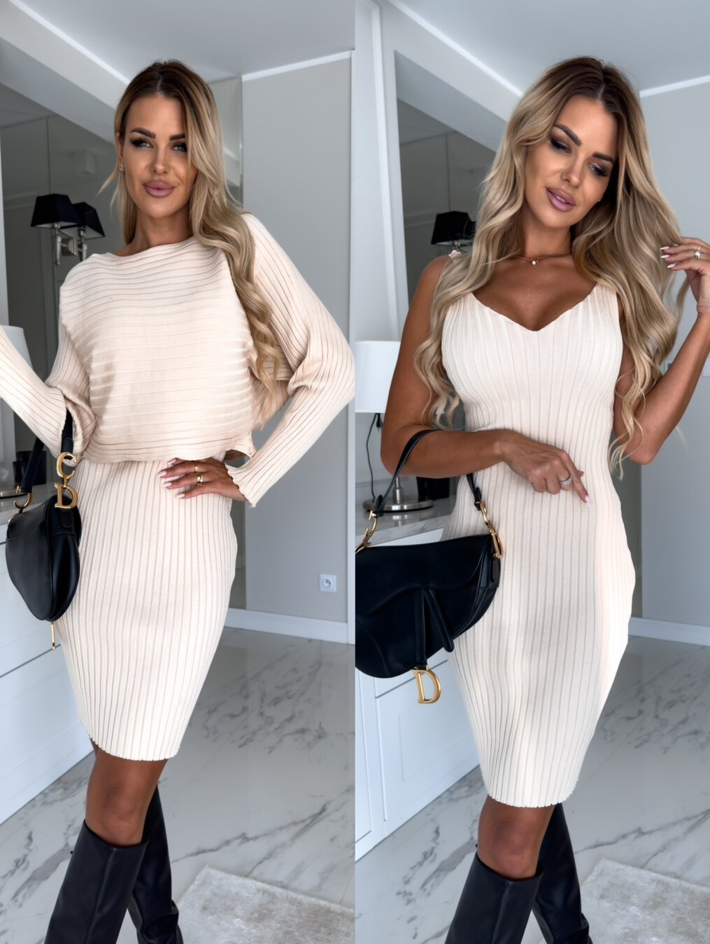 2pcs Women's Long-Sleeved Skirt Set - Solid Stripe Top & Tight Suspender Skirt for Fashionable Autumn Winter Slim Look - Shopthatapp.ca