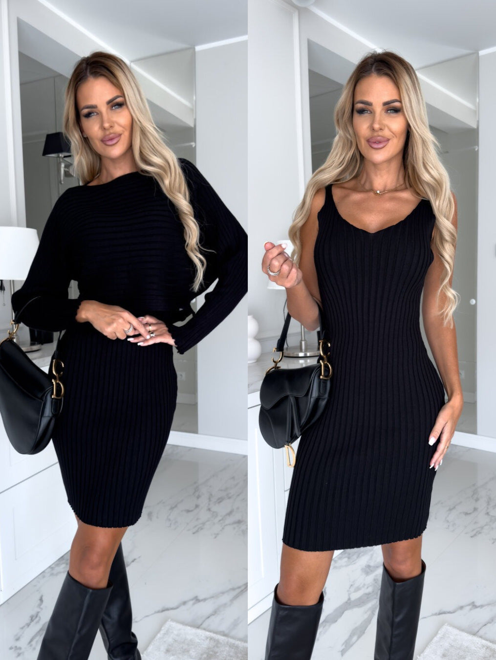 2pcs Women's Long-Sleeved Skirt Set - Solid Stripe Top & Tight Suspender Skirt for Fashionable Autumn Winter Slim Look - Shopthatapp.ca