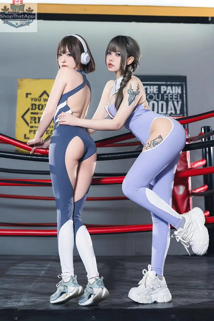 Anime style Purple Shark jumpsuit yoga pants from MRJCOS, full-body activewear for fitness and casual wear.