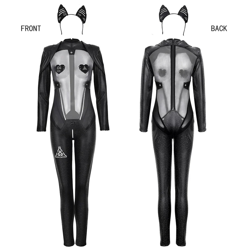 Tactical Anime Girl PU Leather Sheer Mesh Sexy Cosplay Full Bodysuit Costume - Shopthatapp.ca