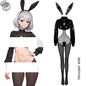 MRJCOS Bunny Girl costume featuring a sexy PU jacket, sheer stockings, and playful cosplay lingerie set with cute bunny ears.