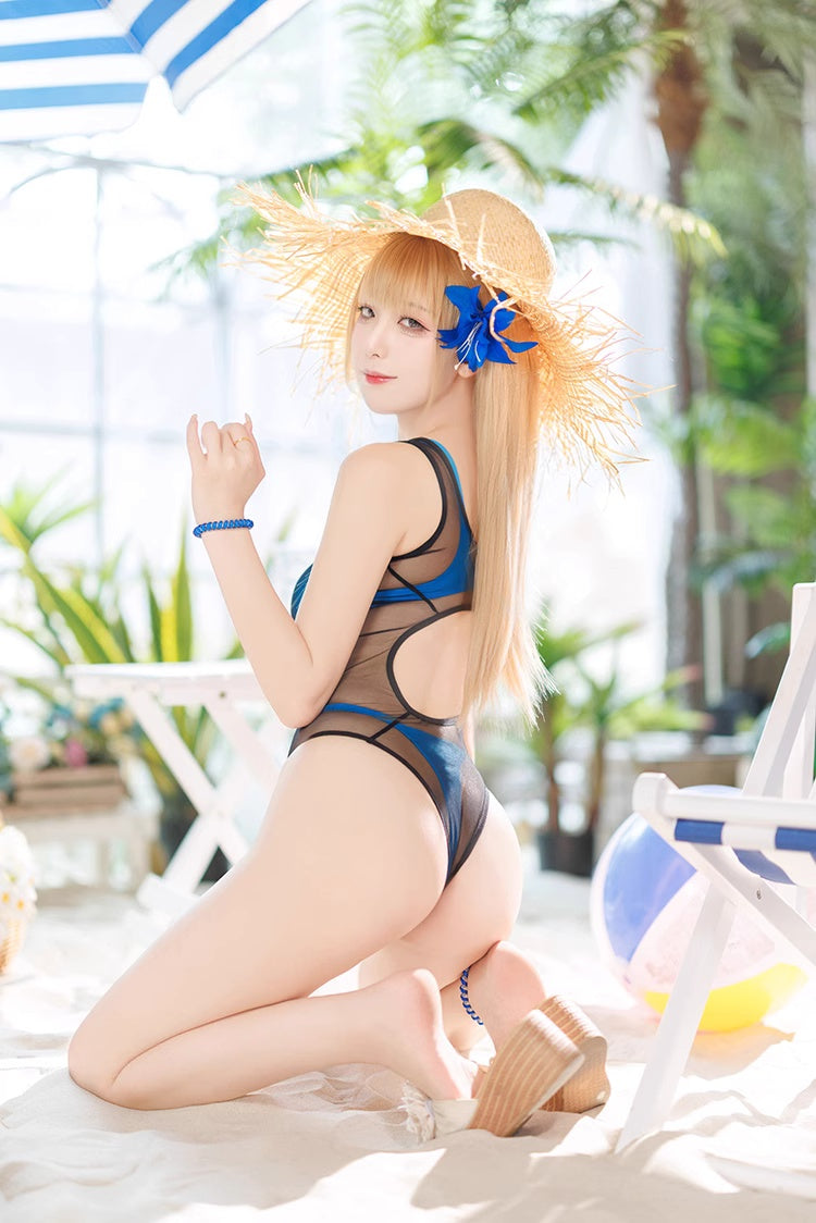 Anime Tropical Style One-piece Swimsuit with Mesh Sheer Overlay Summer Swimwear - Shopthatapp.ca