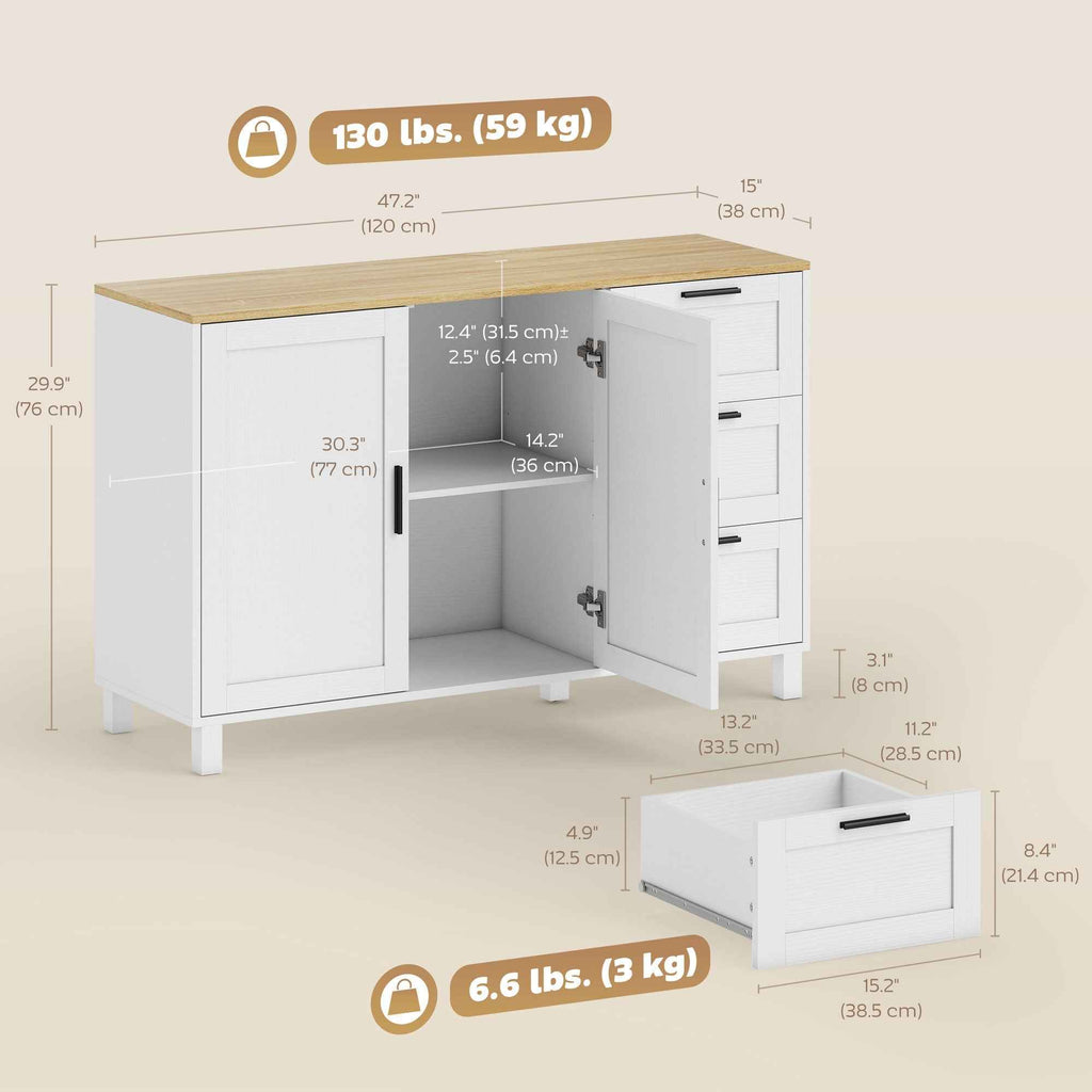 Vesper Modern Sideboard with 3 Drawers and Soft-Close Doors-White