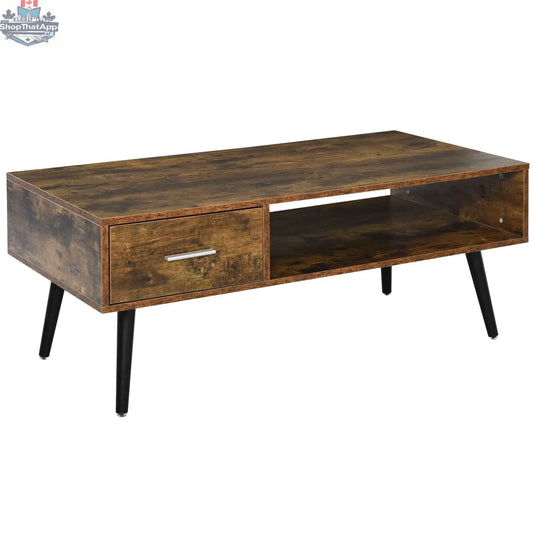 Rustic brown Omari retro coffee table with storage shelf and drawer, featuring a stylish wooden furniture design by SLOTH Nation.