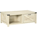 Lowen Farmhouse Coffee Table with Drawer and Open Storage Shelf-White Oak