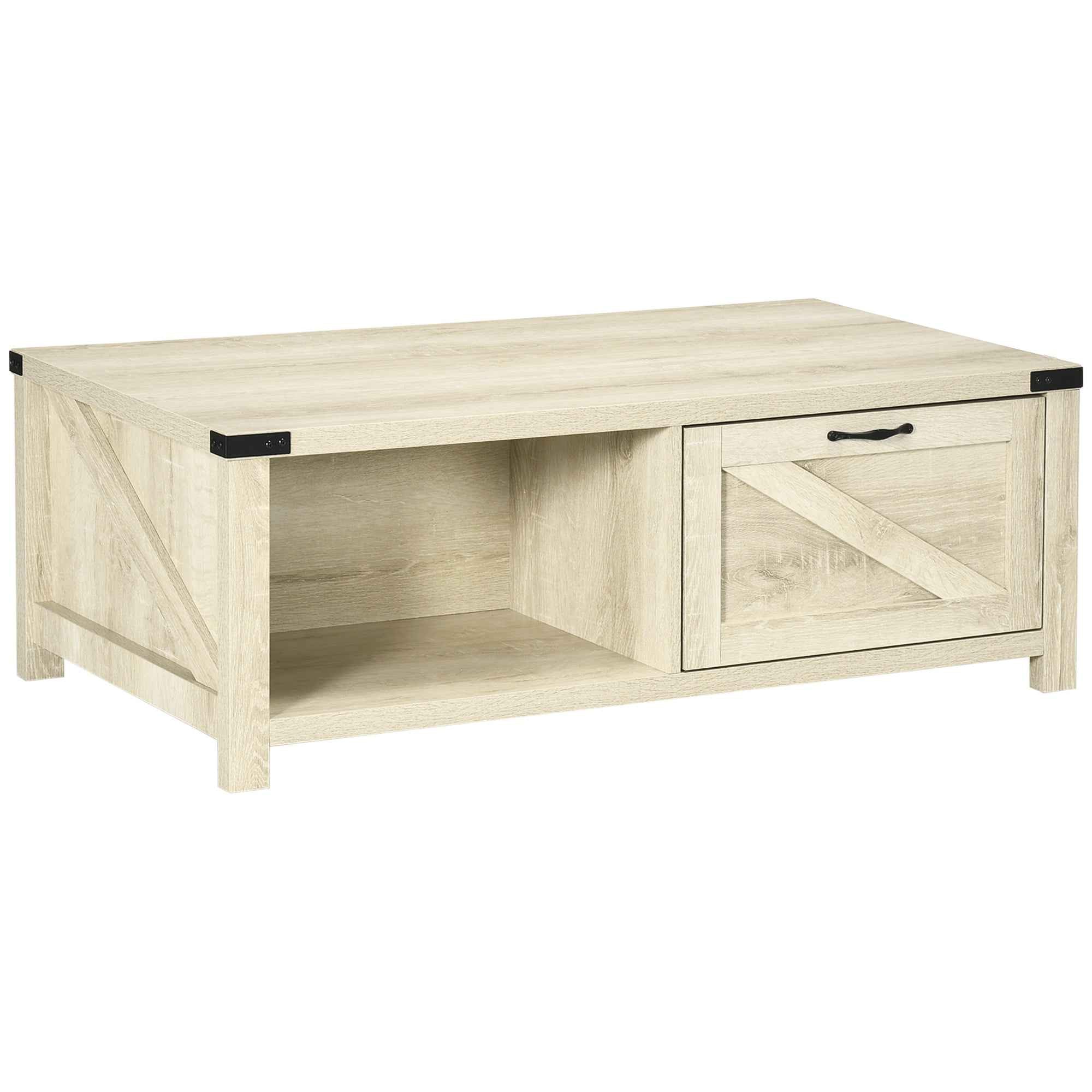 Lowen Farmhouse Coffee Table with Drawer and Open Storage Shelf-White Oak