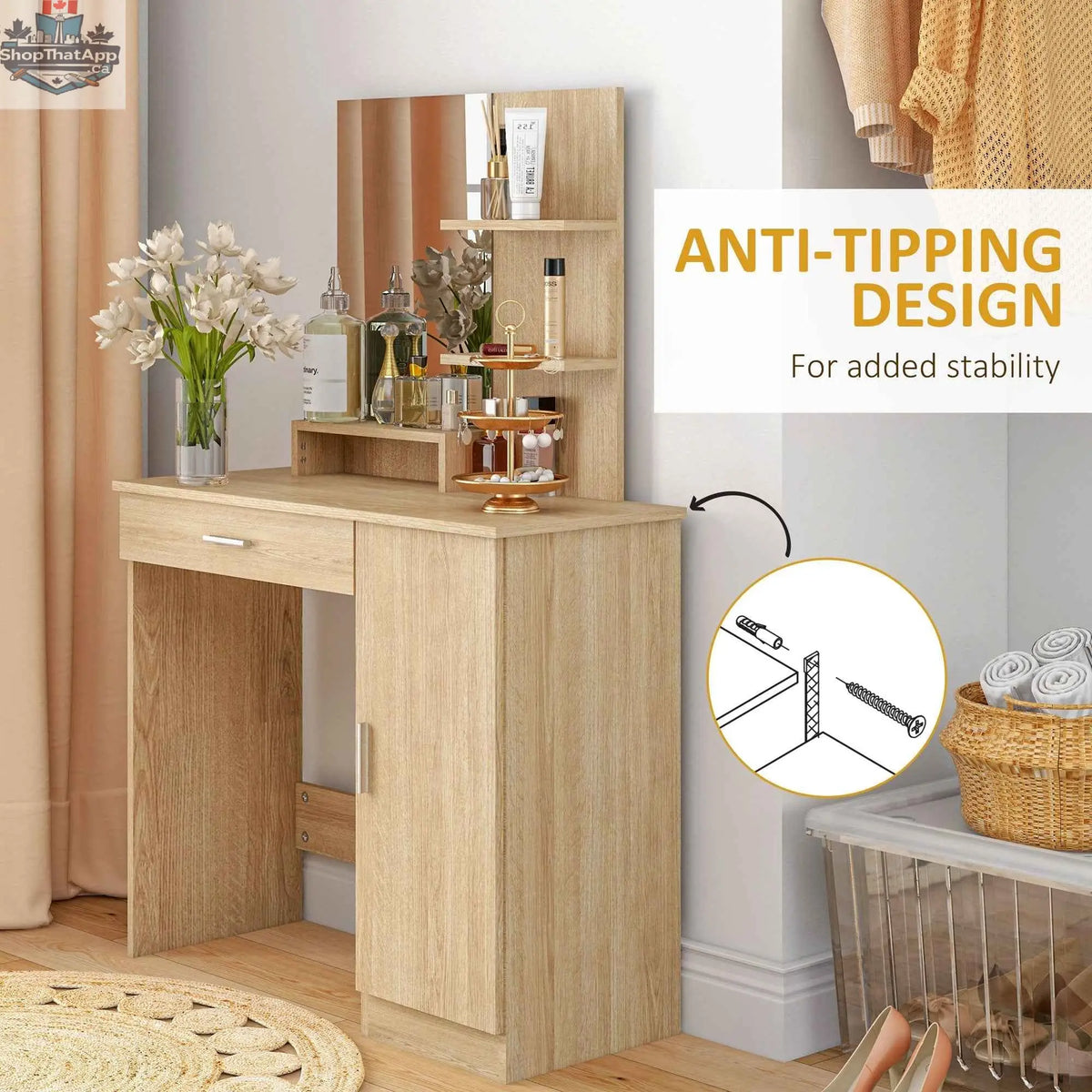 SLOTH Nation Evelyn vanity desk with mirror and adjustable shelves, bedroom furniture piece in a modern design