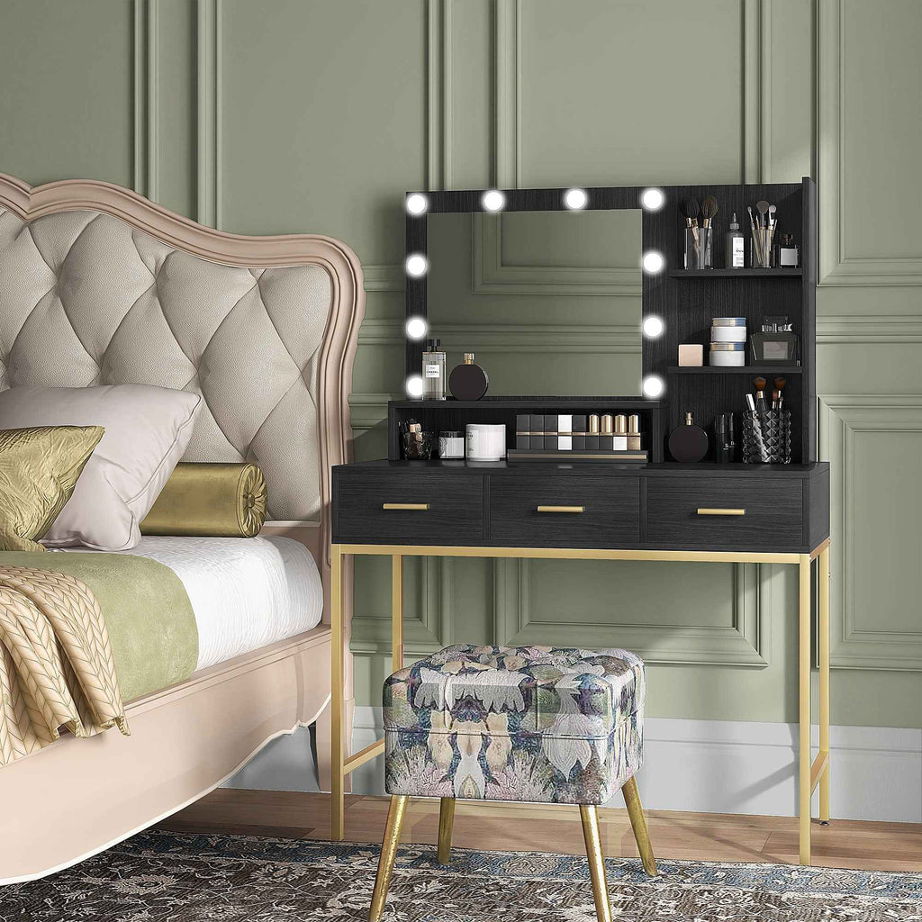 Sophia Illuminated Makeup Table with LED Lights and 3 Drawers-Black