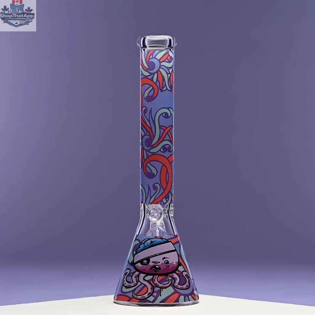 16-inch Castle Glassworks octopus beaker bong with 9mm thick glass, clear design, and purple background.