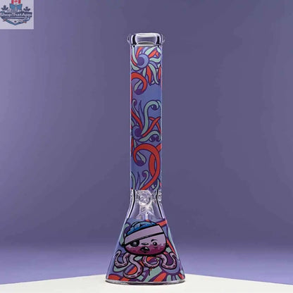 16-inch Castle Glassworks octopus beaker bong with 9mm thick glass, clear design, and purple background.