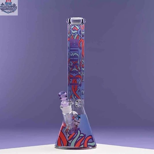 16-inch Castle Glassworks octopus beaker bong with 9mm thick glass, featuring an intricate octopus design on a purple background.