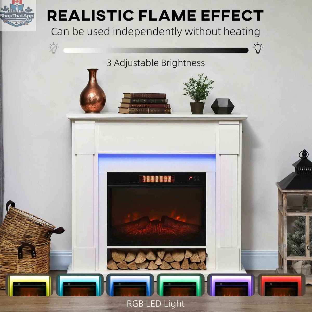 White Aubrey Electric Fireplace 41" with mantel and adjustable 3D flame effect, stylish home decor from SLOTH Nation.