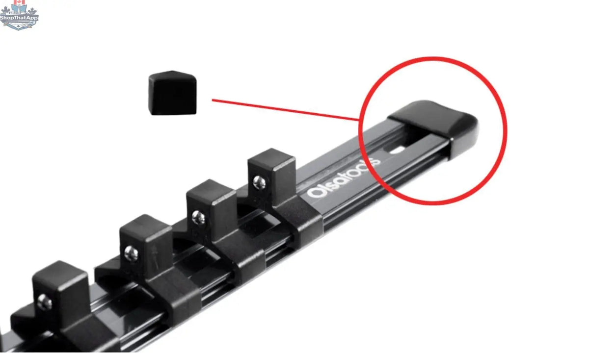 Set of 12 black rubber end caps for aluminum socket organizer rails by Olsa Tools Canada, protecting and finishing socket storage.