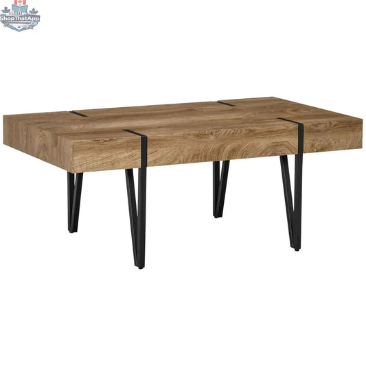 Rustic wooden coffee table with steel hairpin legs from SLOTH Nation, natural wood finish, modern farmhouse furniture piece.
