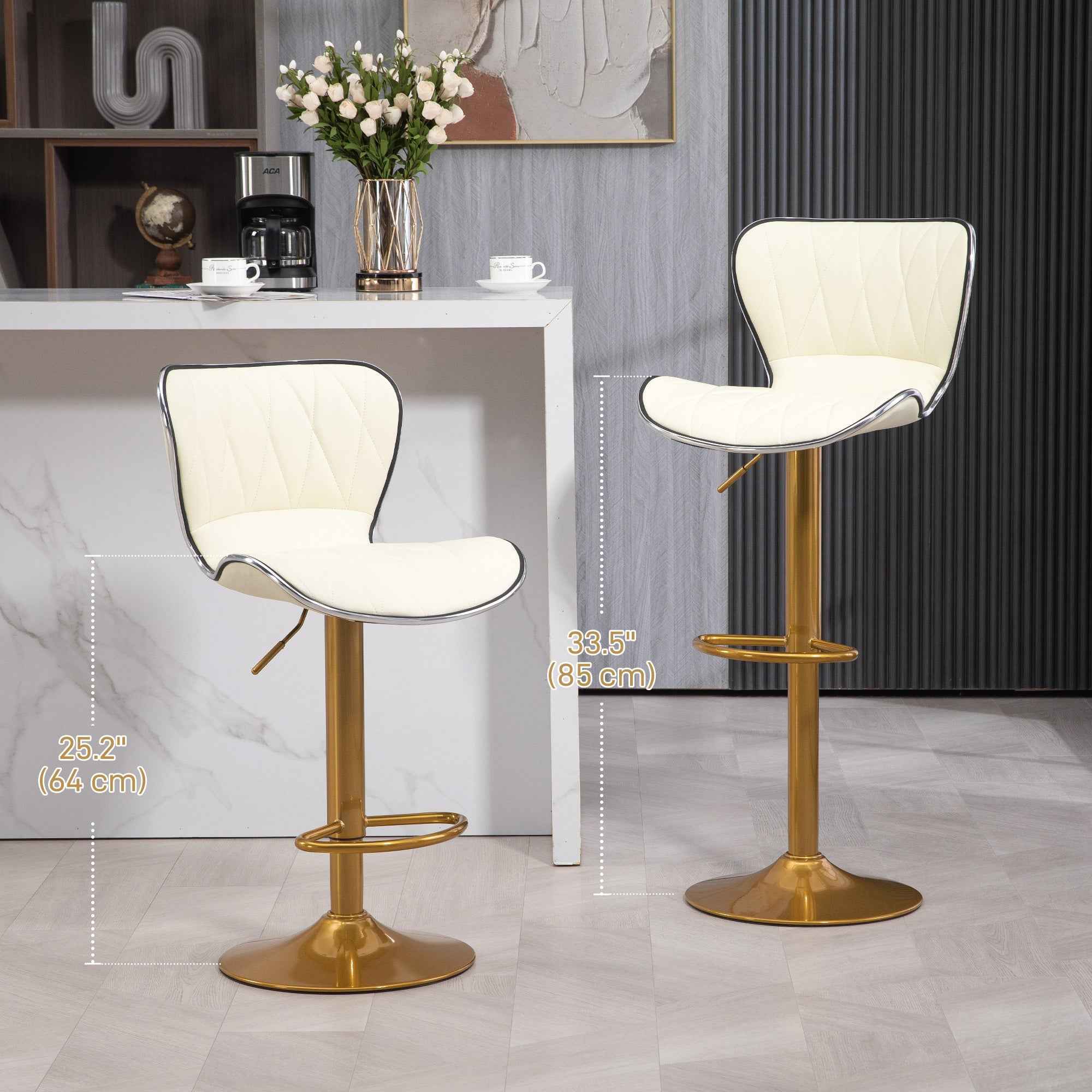 Maxi Counter Height Bar Stools Set of 2-Adjustable Height and Swivel Seat-White/Gold