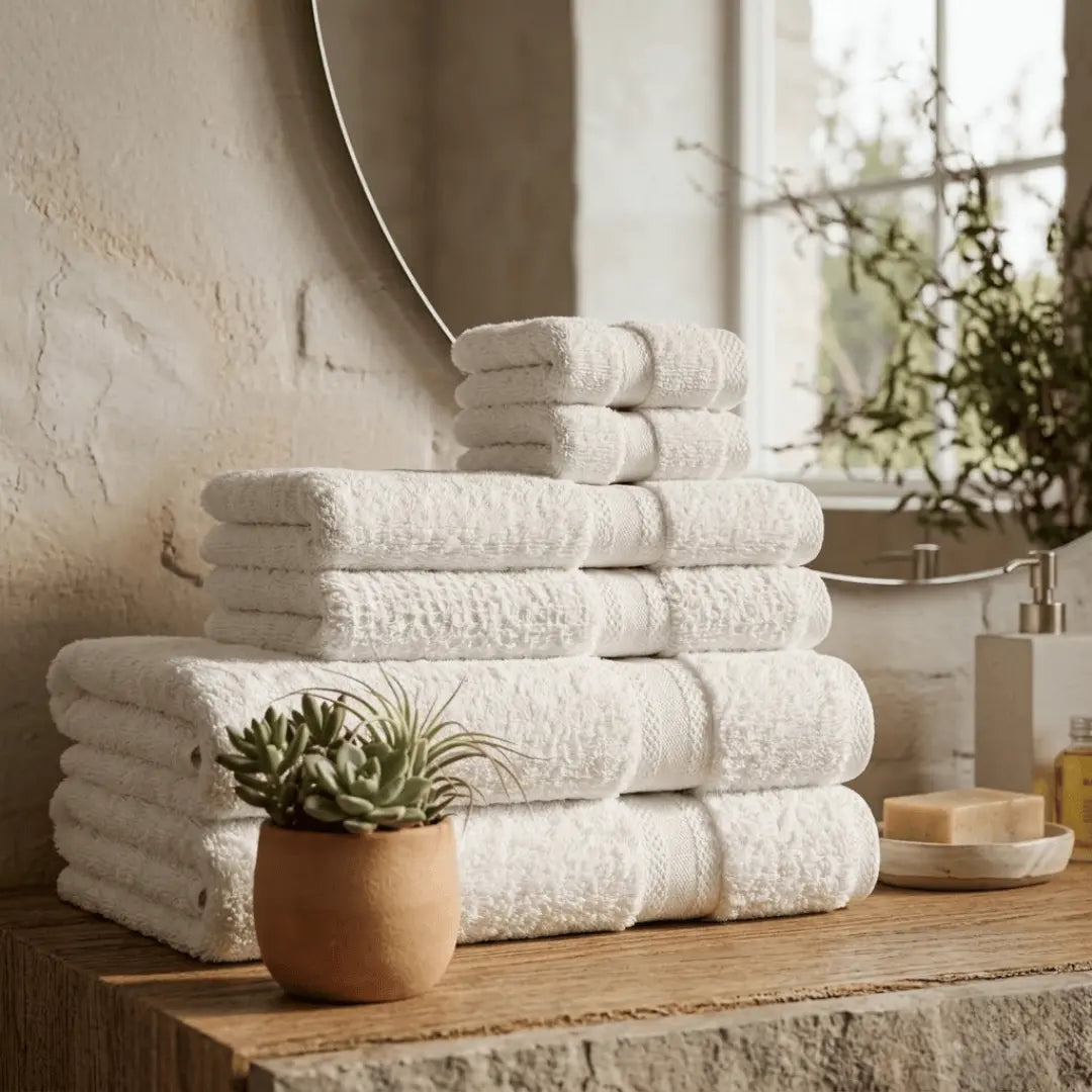 Six-piece Opulence Towel Set by Skylark+Owl Canada featuring plush, organic cotton towels in neutral tones for a luxurious bathroom.