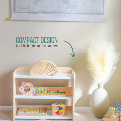 Small Montessori shelf with borders by Sapiens Child, ideal for toddler organization and storage in a compact, child-friendly design.