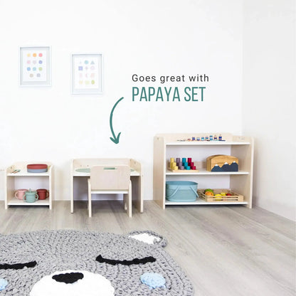Sapiens Child Montessori shelf with borders for toddlers, featuring organized storage and a natural wooden finish.