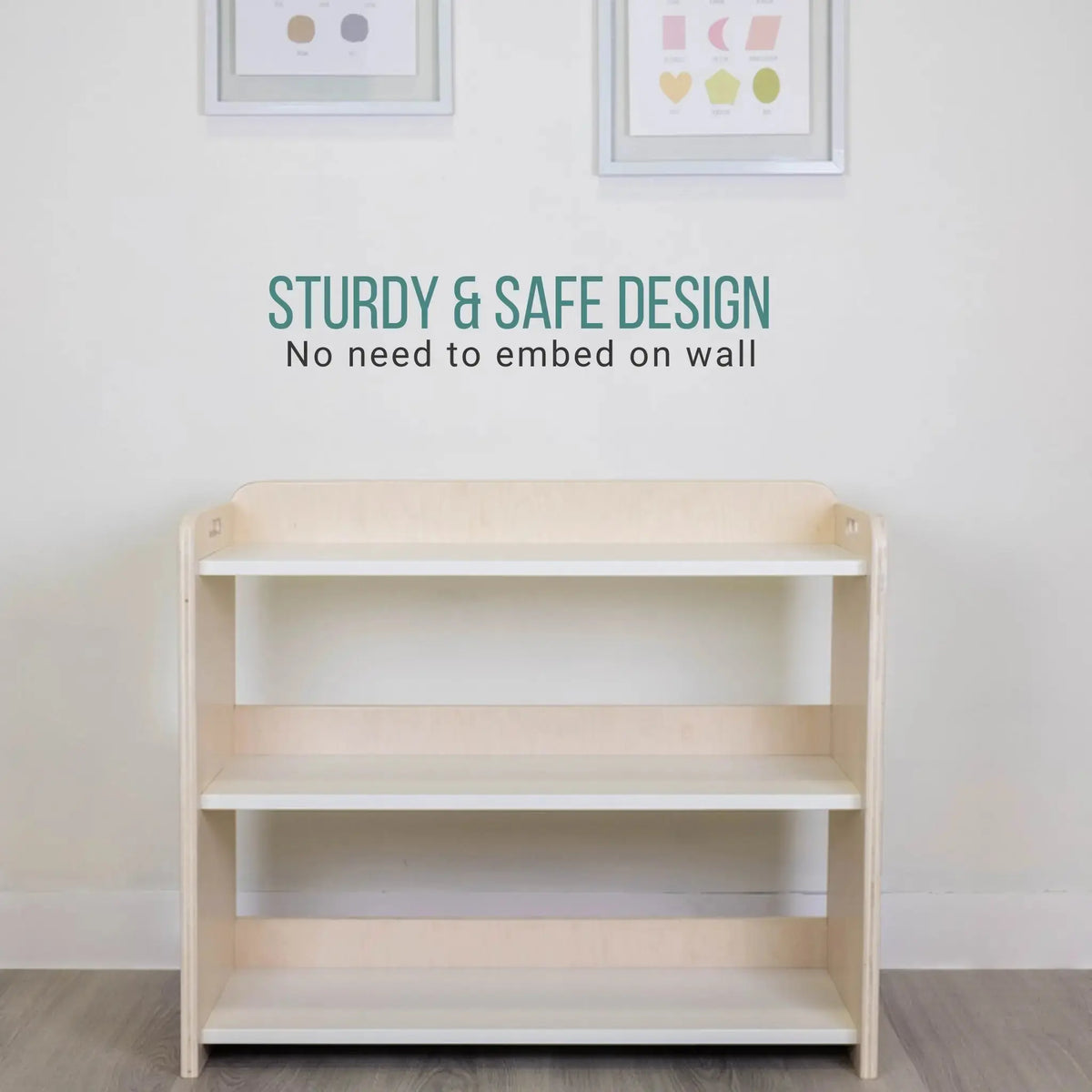 Sturdy Montessori toddler shelf with borders by Sapiens Child, designed for safe organization of children's books and toys.