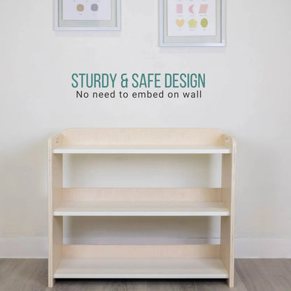 Sturdy Montessori toddler shelf with borders by Sapiens Child, designed for safe organization of children's books and toys.