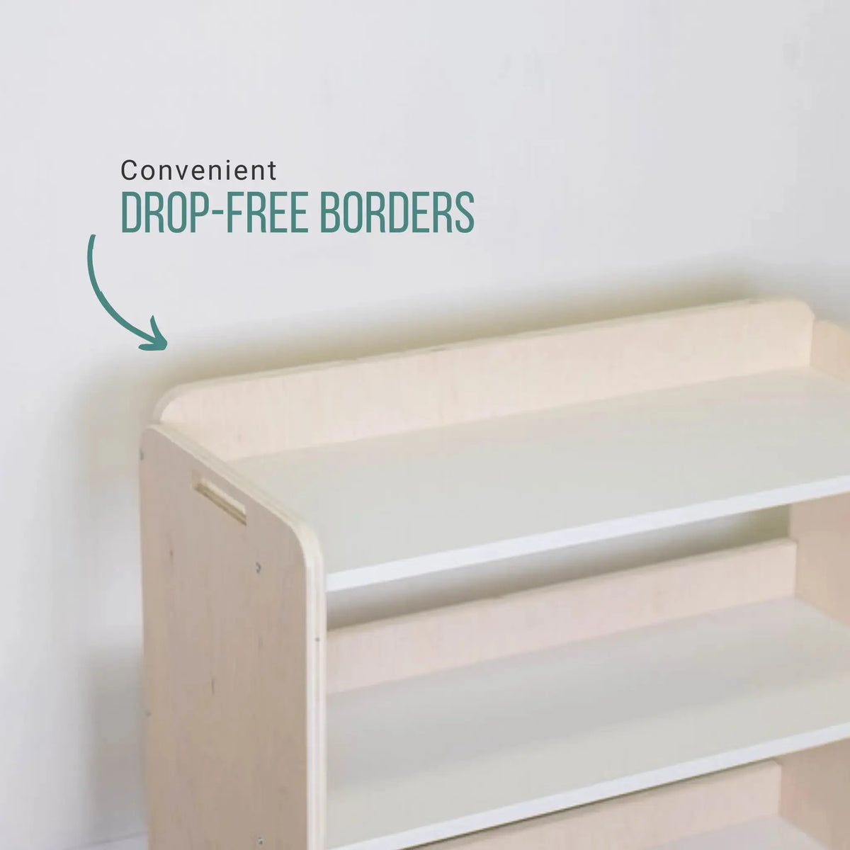 Sapiens Child Montessori toddler shelf with borders, wooden storage furniture for organizing children's toys and books.