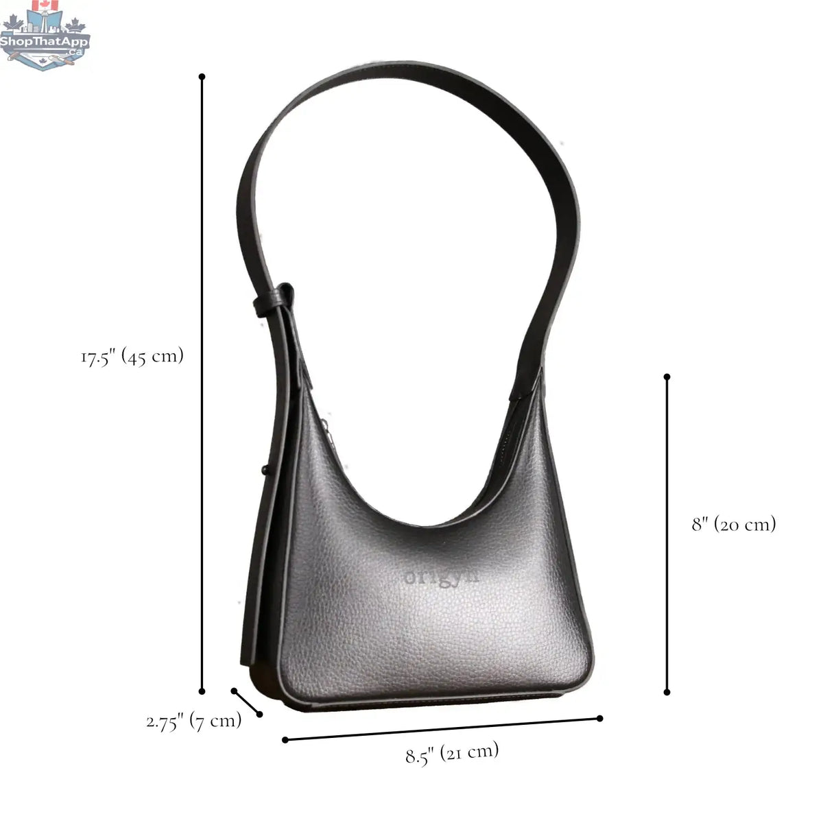 Origyn 01 vegan leather handbag with sustainable MIRUM® plastic-free shoulder strap, featuring a sleek design and natural finish.