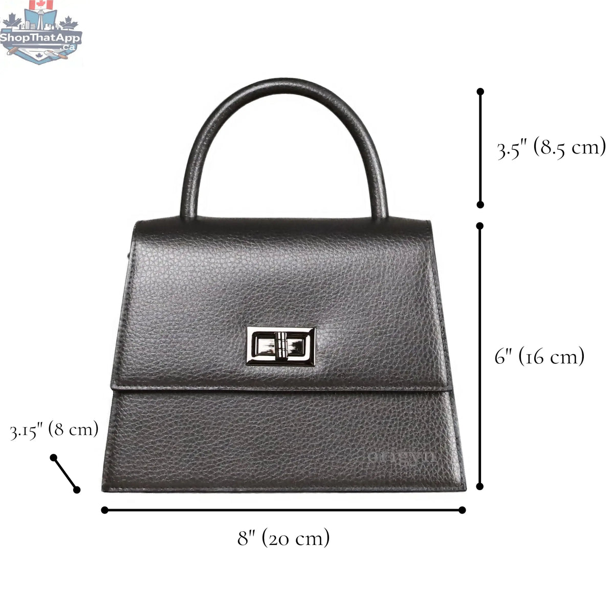 Origyn 03 vegan leather handbag made with plastic-free MIRUM® displayed with logo and measurements on white background.