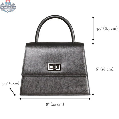 Origyn 03 vegan leather handbag made with plastic-free MIRUM® displayed with logo and measurements on white background.