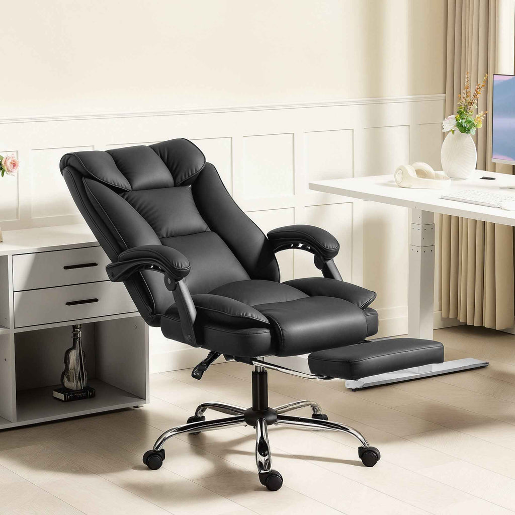 Alexis Executive Ergonomic Office Chair with Pet-Friendly Leather, Footrest and Swivel Recliner-Black
