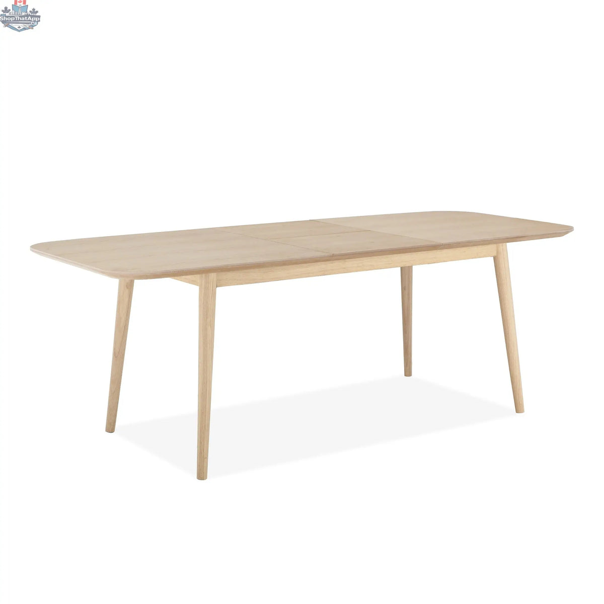 Extendable Hygge Design House dining table with a sleek wooden surface and metal legs, shown in an extended setup.