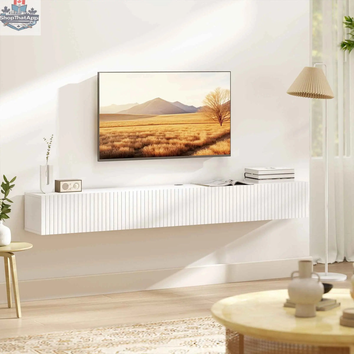 White Jesse floating TV stand with two fluted flip-down doors, designed for TVs up to 75 inches, by SLOTH Nation.