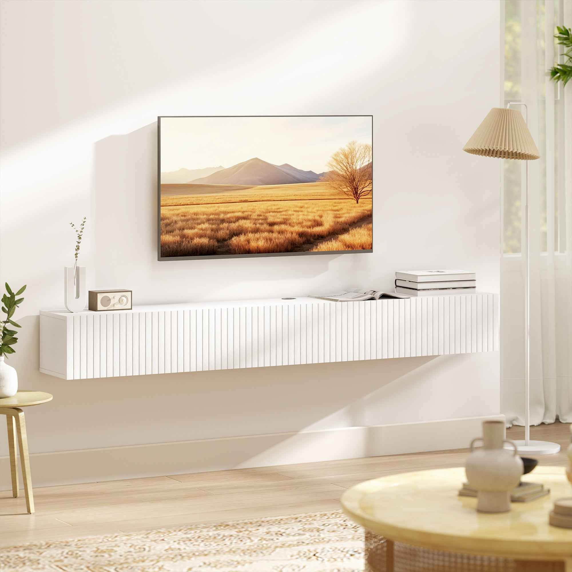 Jesse 71" Floating TV Stand with 2 Fluted Flip-Down Doors for TVs up to 75"-White