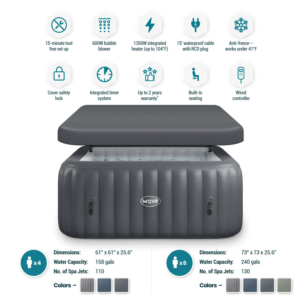 Wave | Pacific | 4/6-Person Inflatable Hot Tub | Square | Integrated Heater - Www.Shopthatapp.ca