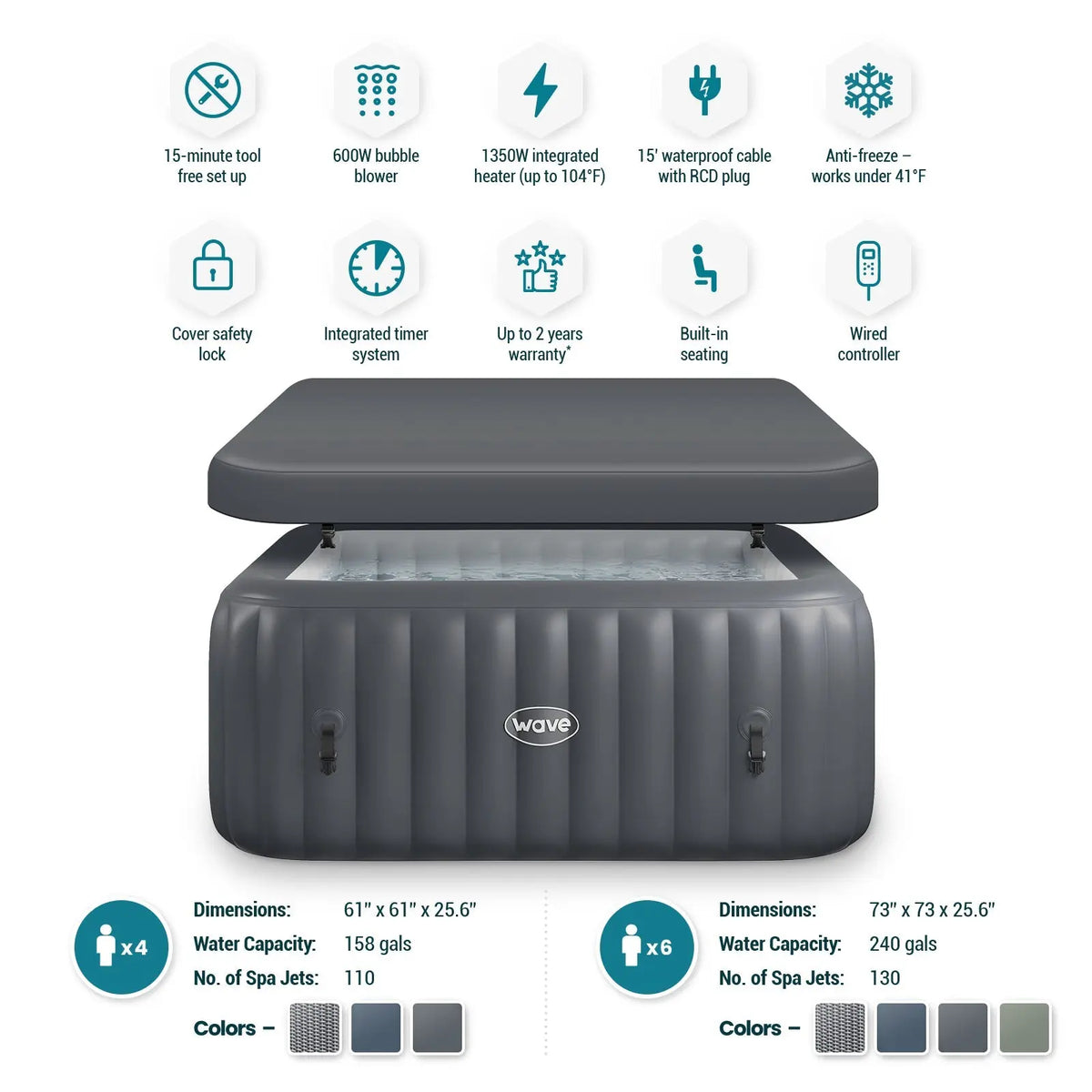 Zoppinh Wave Pacific 4/6-person square inflatable hot tub with integrated heater, gray exterior, filled with water and seating inside.