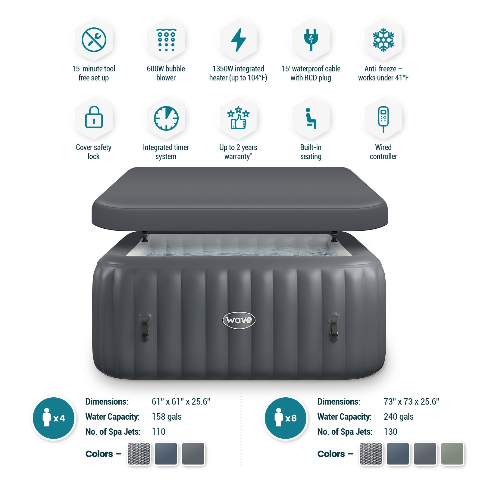 Wave | Pacific | 4/6-Person Inflatable Hot Tub | Square | Integrated Heater - Www.Shopthatapp.ca