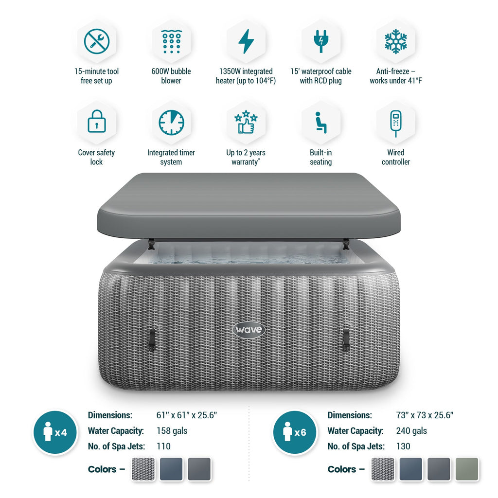 Wave | Pacific | 4/6-Person Inflatable Hot Tub | Square | Integrated Heater - Www.Shopthatapp.ca