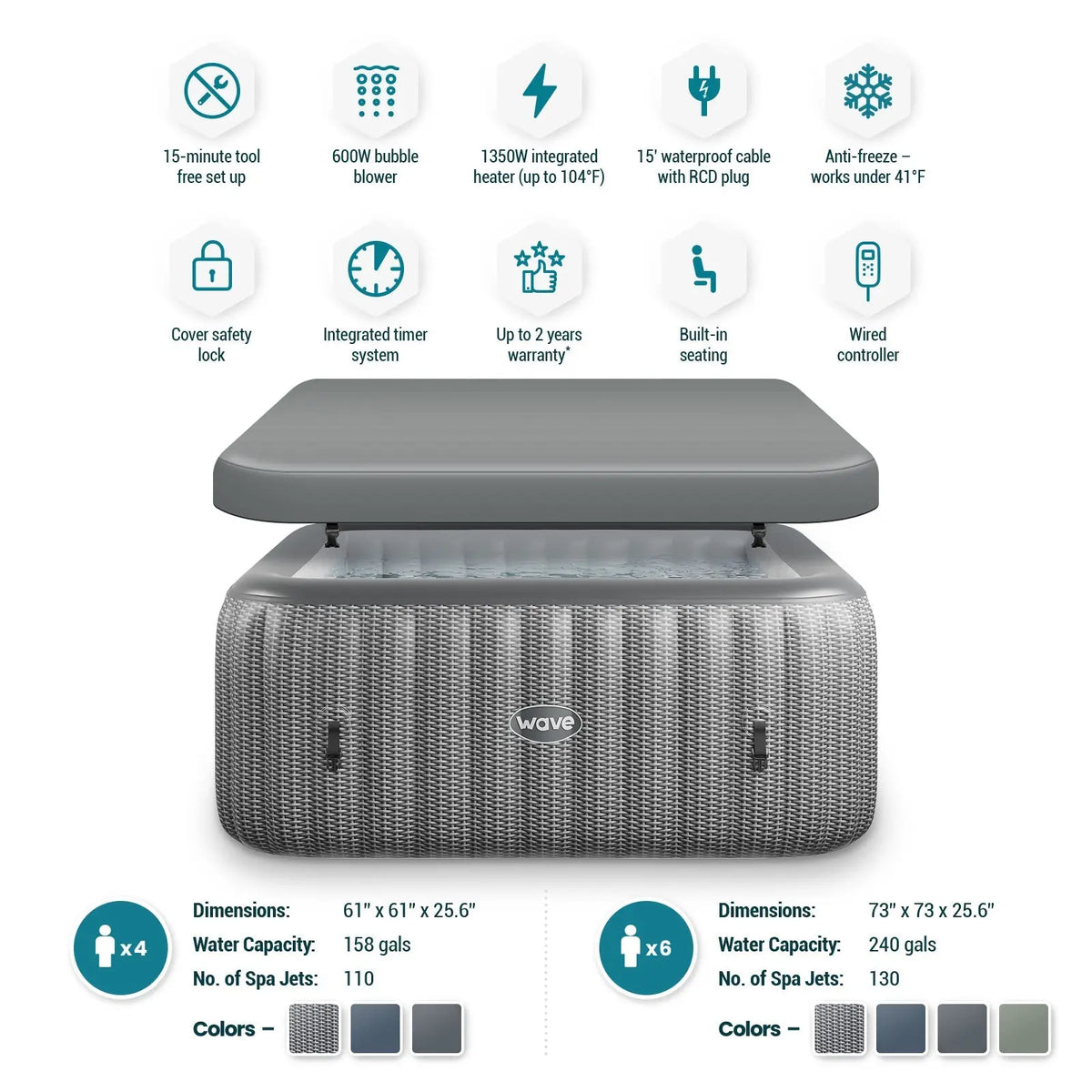 Zoppinh Wave Pacific 4/6-person inflatable hot tub with square shape and integrated heater, shown filled and ready for relaxing spa use.