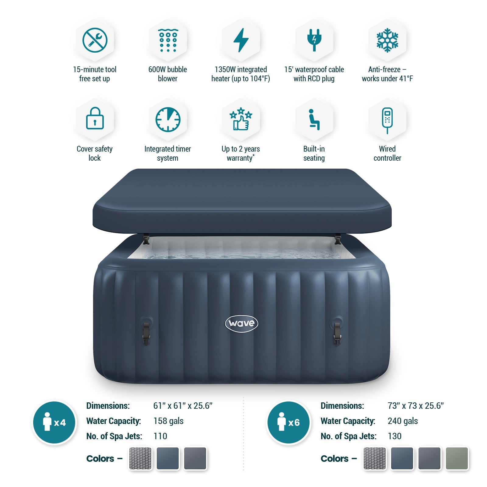 Wave | Pacific | 4/6-Person Inflatable Hot Tub | Square | Integrated Heater - Www.Shopthatapp.ca