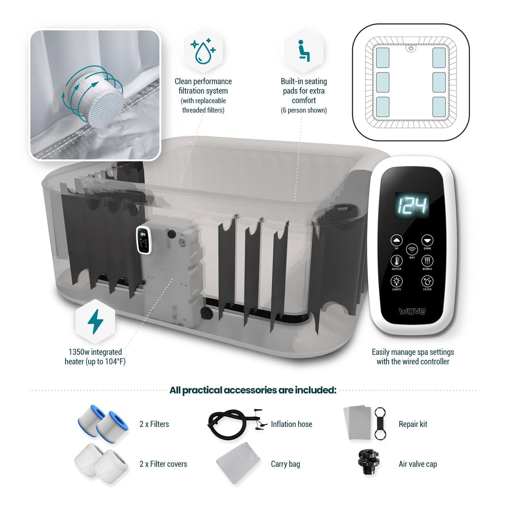 Wave | Pacific | 4/6-Person Inflatable Hot Tub | Square | Integrated Heater - Www.Shopthatapp.ca