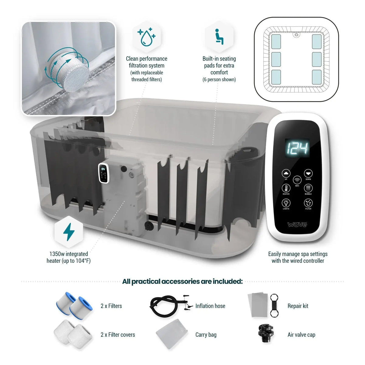 Zoppinh Wave Pacific 4/6-person inflatable hot tub with square shape and integrated heater, featuring water jets and comfortable seating.