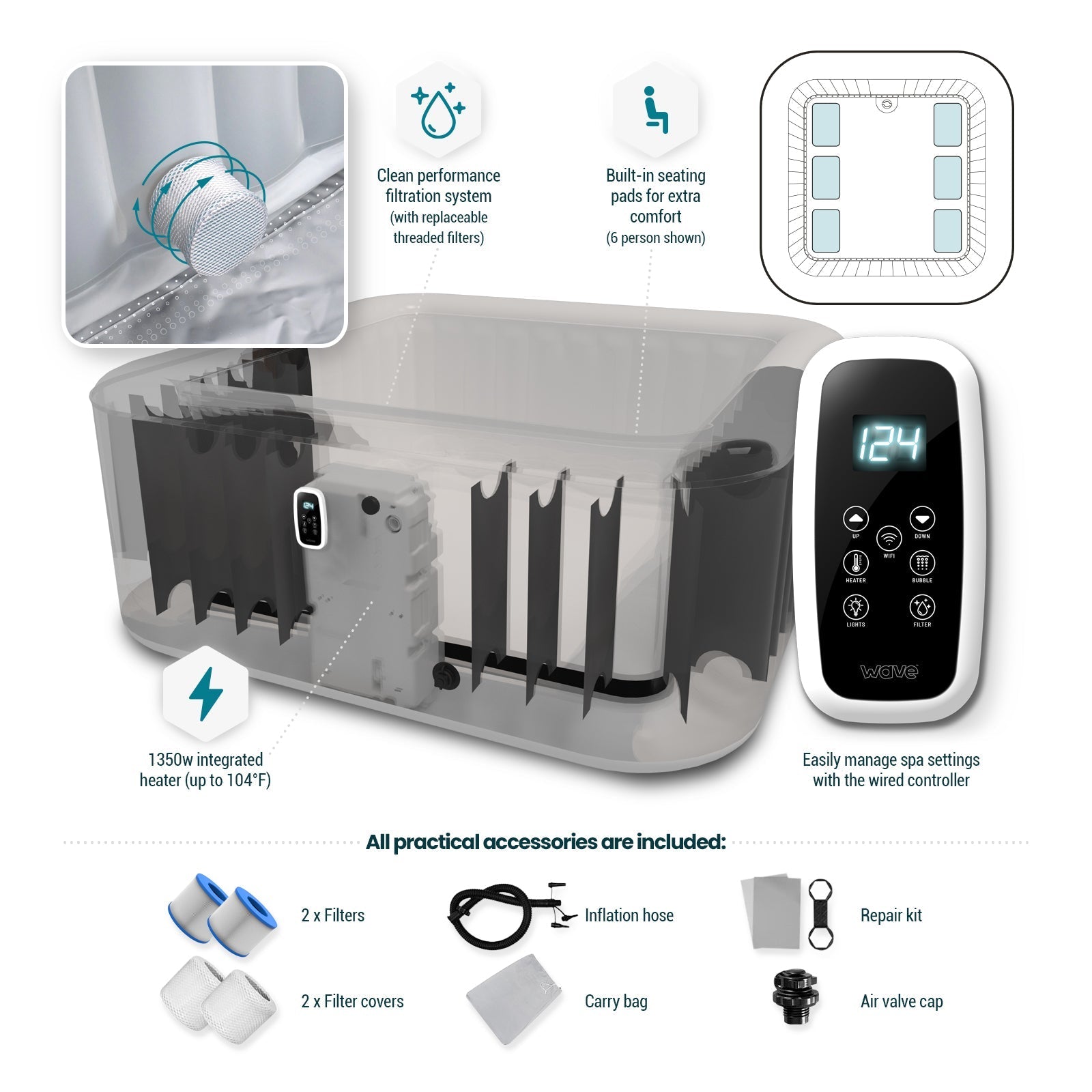 Wave | Pacific | 4/6-Person Inflatable Hot Tub | Square | Integrated Heater - Www.Shopthatapp.ca