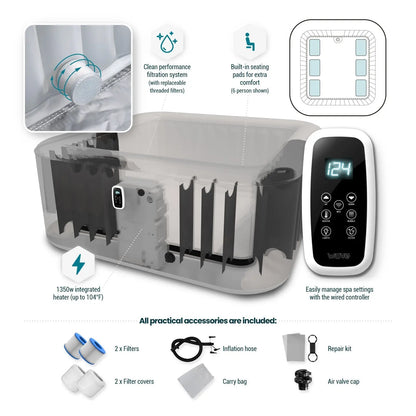 Zoppinh Wave Pacific 4/6-person inflatable hot tub with square shape and integrated heater, featuring water jets and comfortable seating.